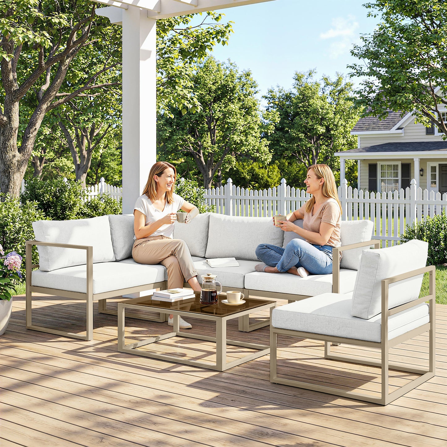 5 Seater Aluminium Garden Furniture Set with Table, Cushions, White