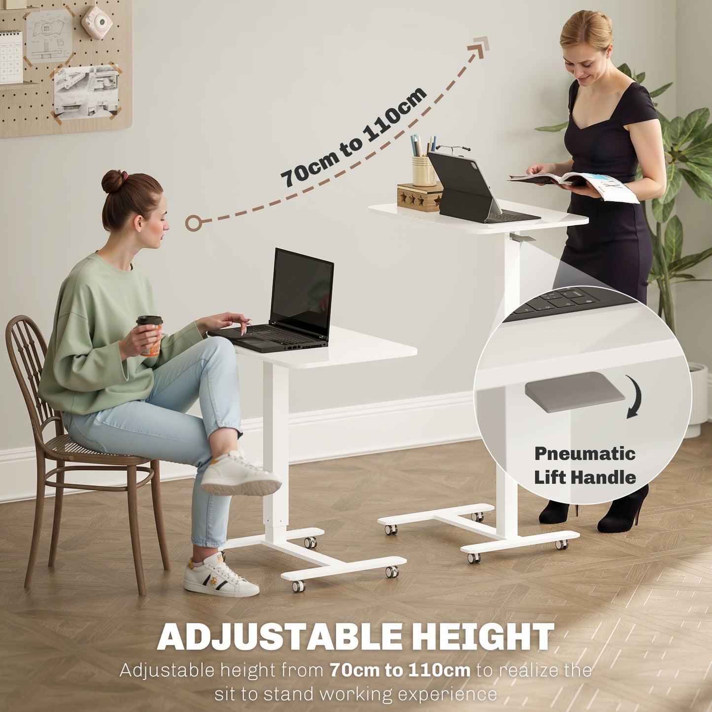Height Adjustable Standing Desk with Wheels for Home Office, White
