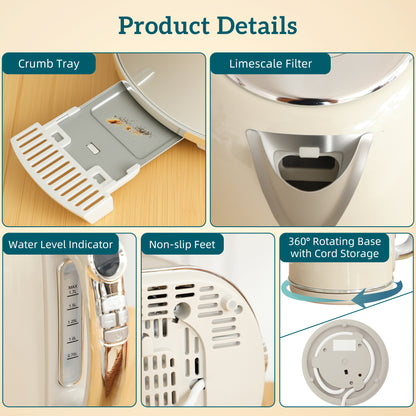 1.7L 3000W Kettle and 2 Slice Toaster with Keep Warm Memory Function