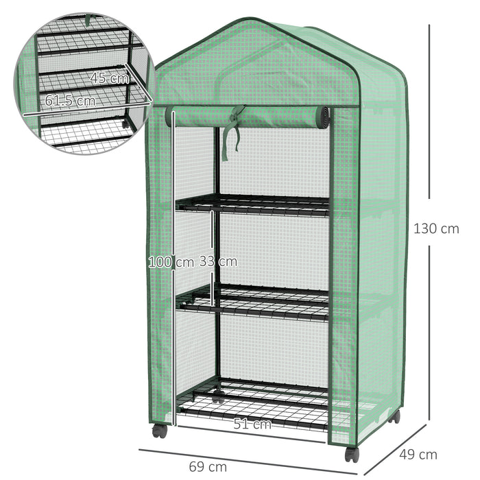 Portable Mini Greenhouse with Roll-up Door and Wheels, Green