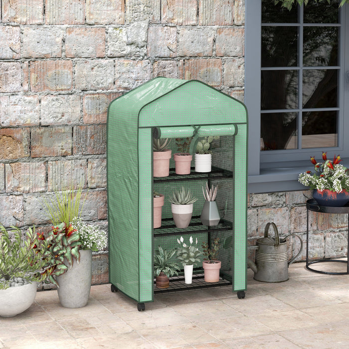 Portable Mini Greenhouse with Roll-up Door and Wheels, Green