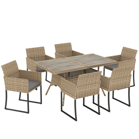 7 Piece Rattan Garden Furniture Set, Garden Dining Set with Wood-Plastic Table and 6 Stackable Chairs, Light Brown
