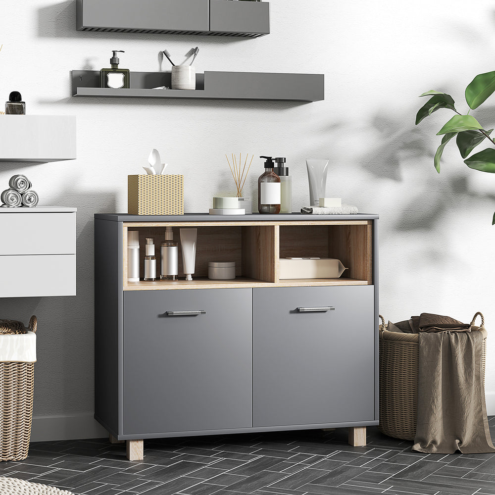 Bathroom Storage Cabinet with Open Compartments and Double Doors