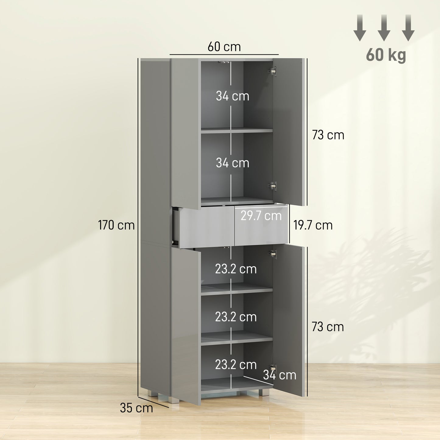 Kitchen Cupboard Storage Cabinet Push Open Doors and Drawers, Grey