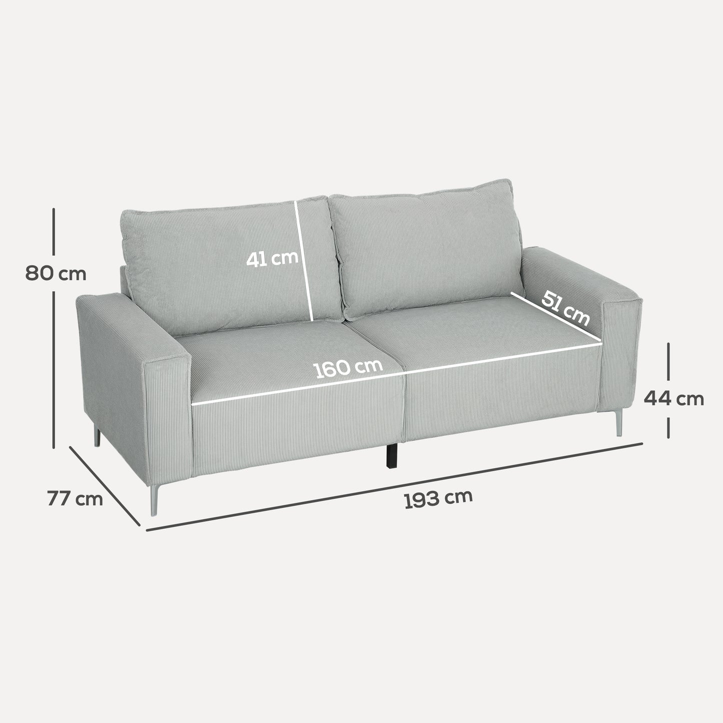 193cm Upholstered Corduroy Settee with Spring Cushion, Light Grey