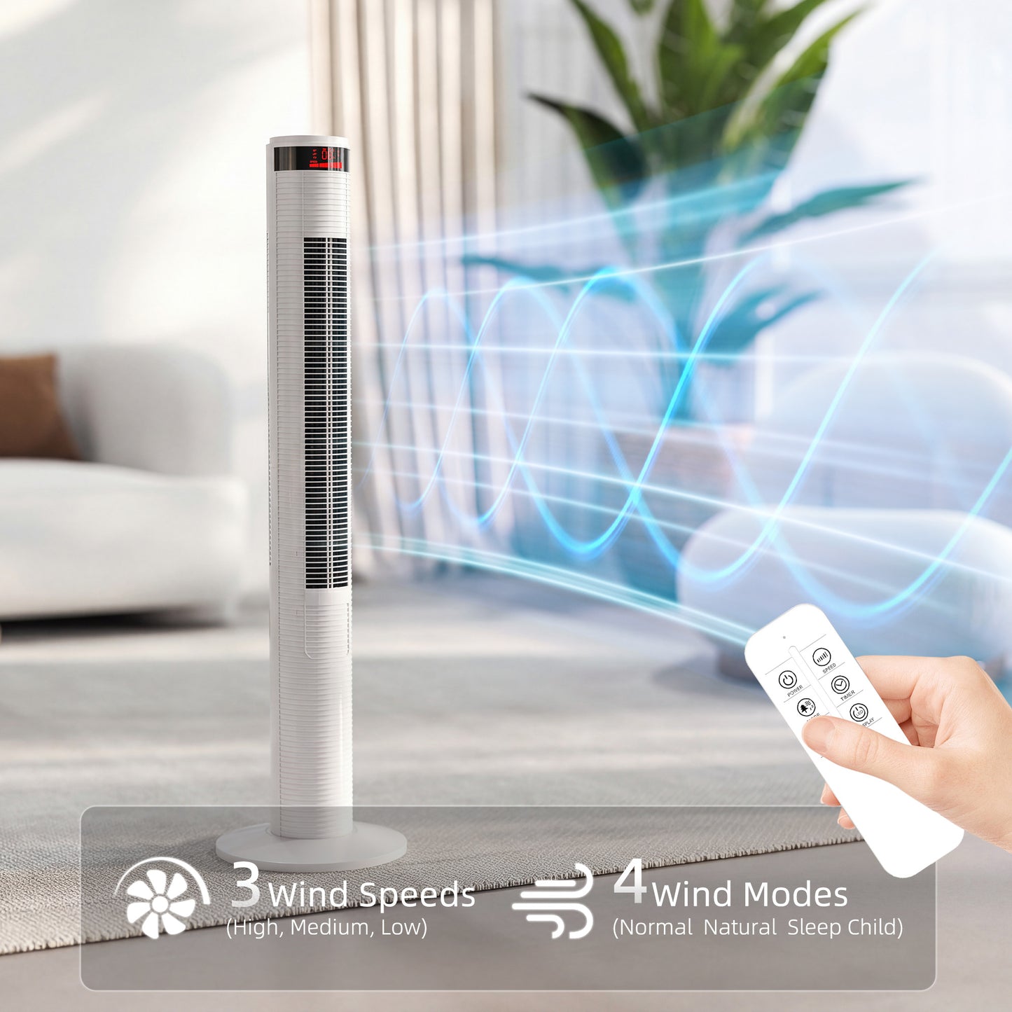 Oscillating Tower Fan Remote Control 3 Speed Modes Cooling Machine White