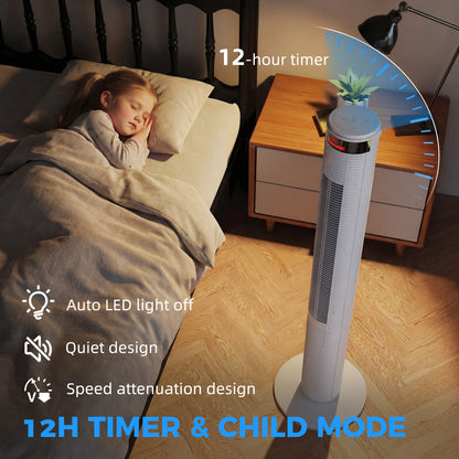 Oscillating Tower Fan Remote Control 3 Speed Modes Cooling Machine White