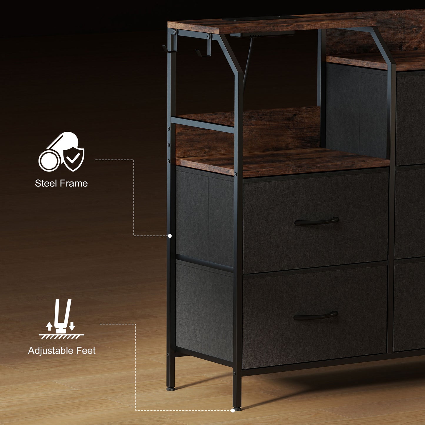 Fabric Chest of Drawers w/ Charging Station for Bedroom Rustic Brown