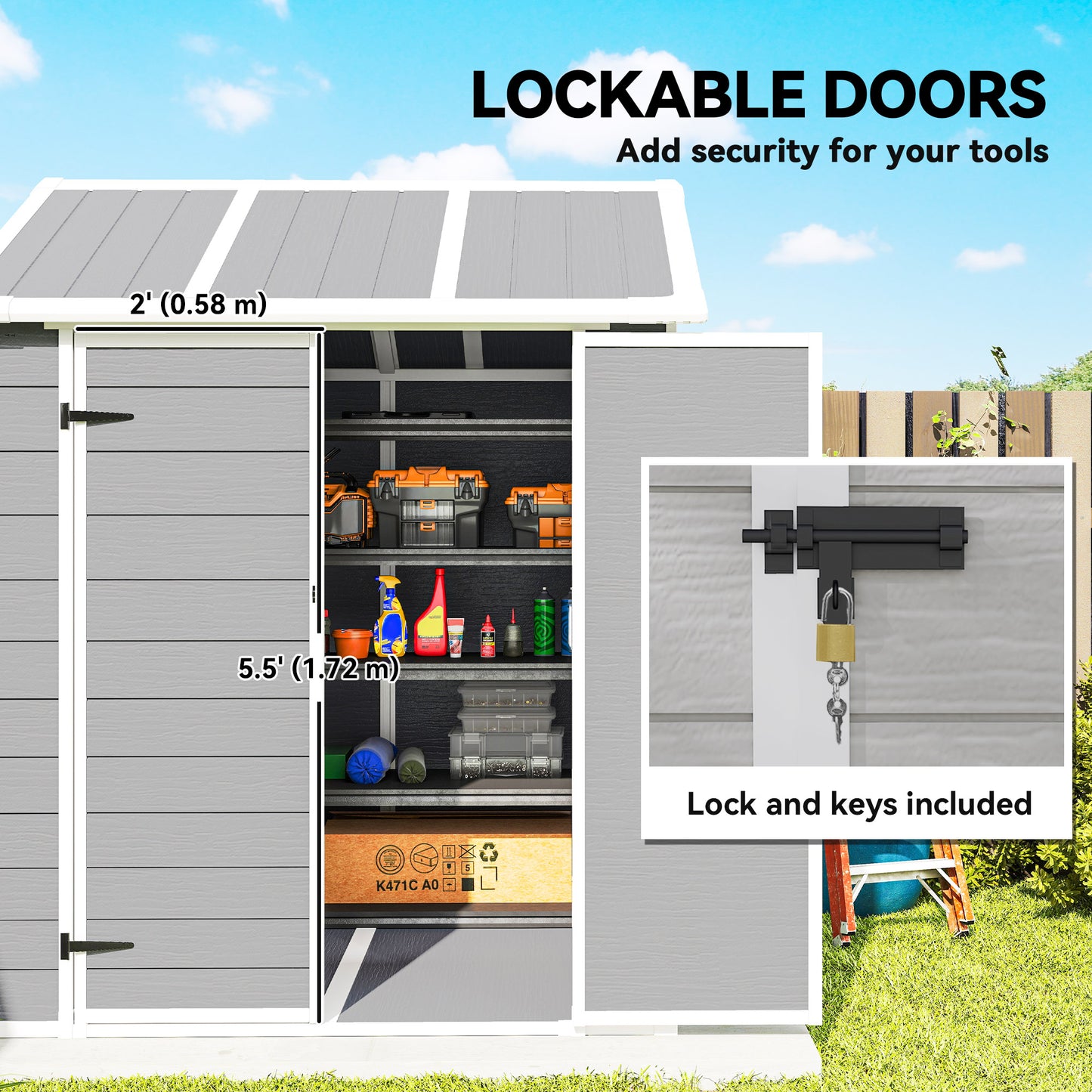 6 x 6ft Garden Shed with Floor, Window, Lockable Doors and Vents, Wood Effect Resin Tool Shed for Outdoor Patio, Grey