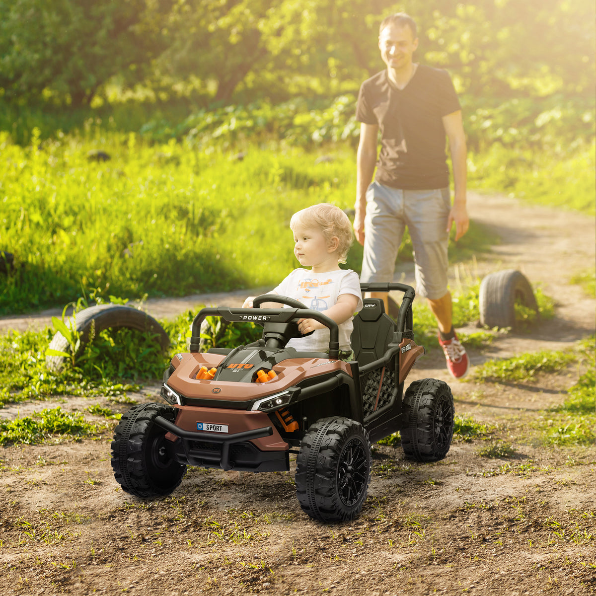 Kids Ride on Car, 12V Electric Truck w/ Horn, Lights, USB, Brown