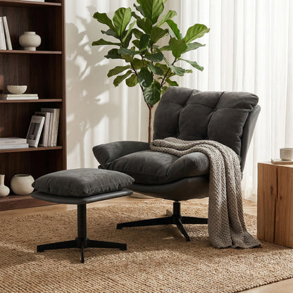 Accent Chair with Footstool, Modern Swivel Lounge Chair, Dark Grey