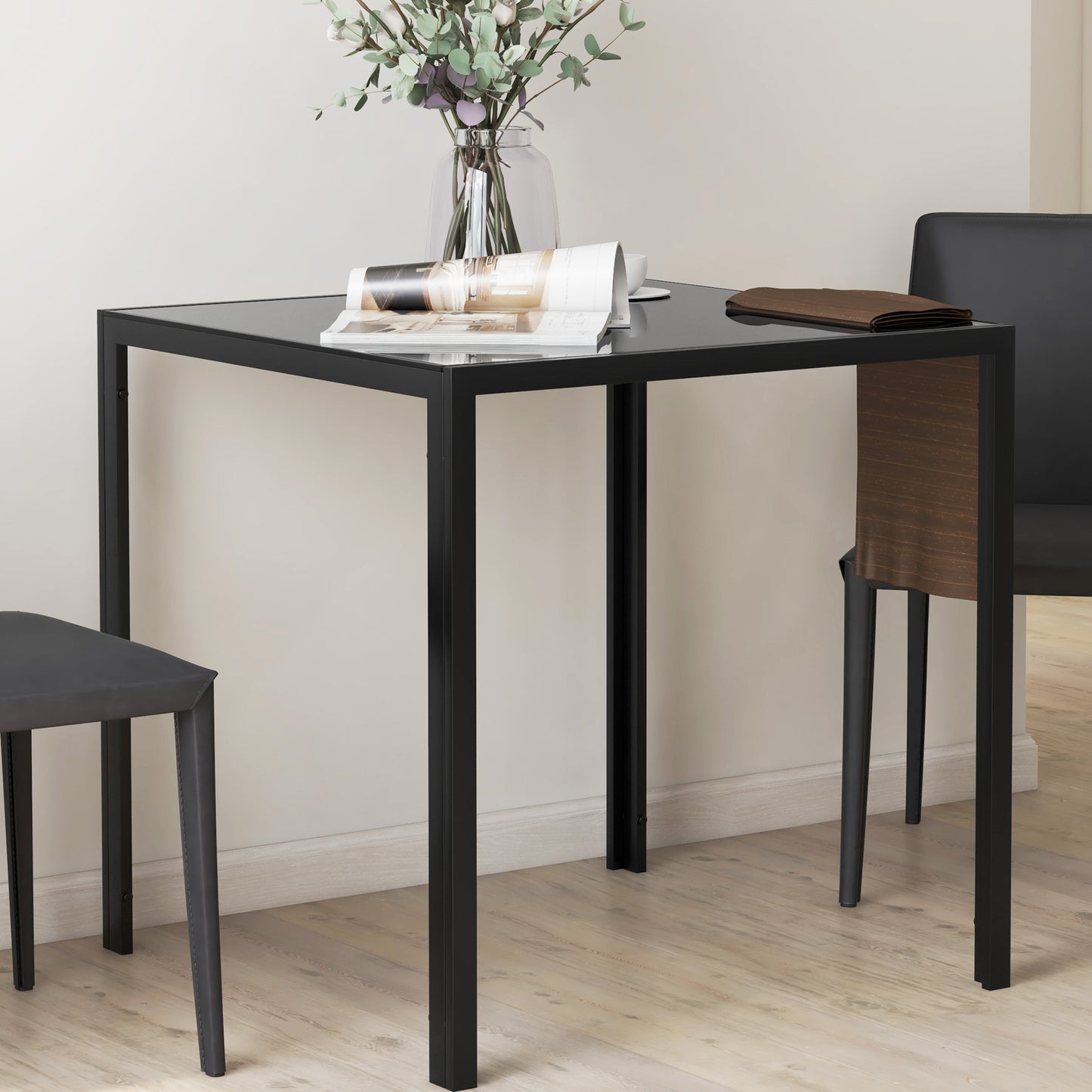Modern Square Dining Table with Tempered Glass Top Metal Legs