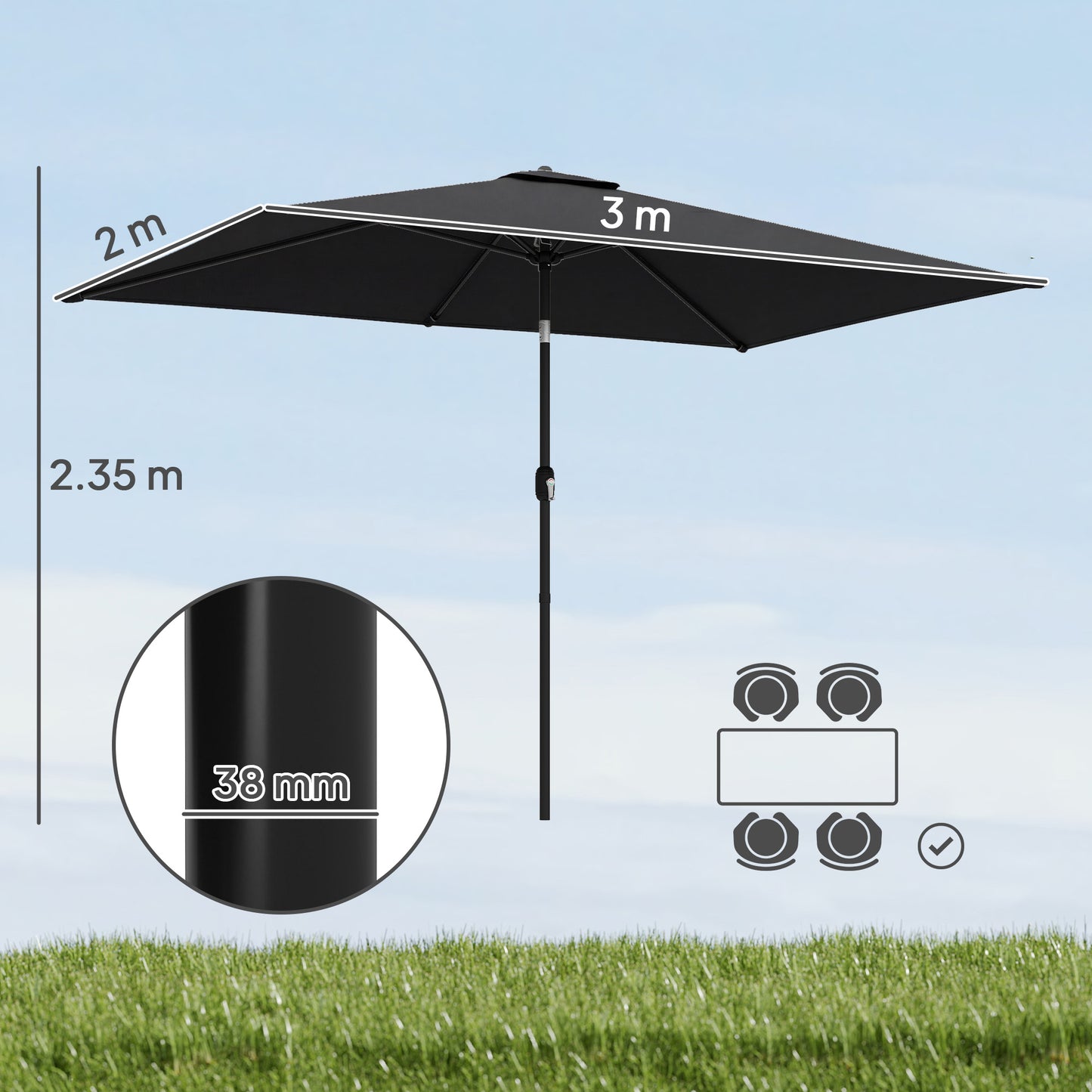 Garden Parasol, Outdoor Umbrella with Tilt Function, Black