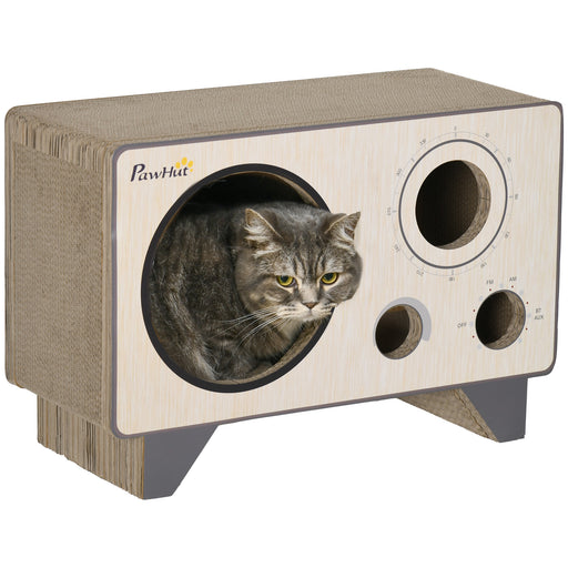 Radio Shape Cat Scratching Board with Catnip, Natural Wood Finish