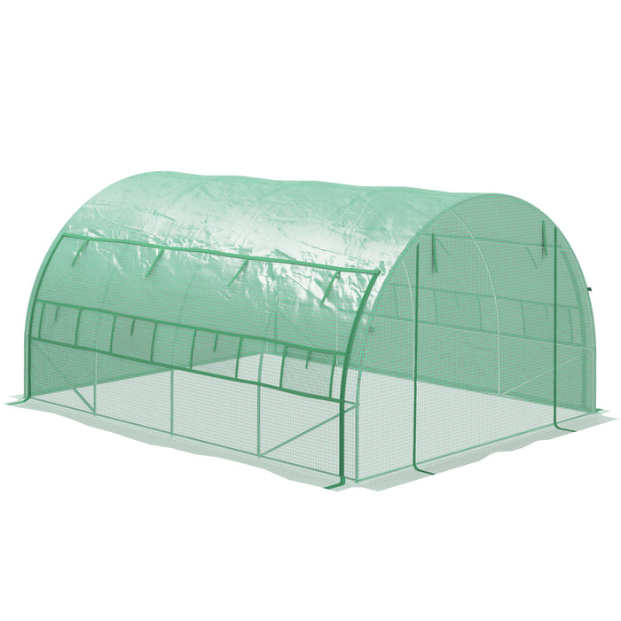 Polytunnel Greenhouse Walk-in Grow House Tent with Roll-up Sidewalls, Zipped Door and 8 Windows, 4x3x2m Green