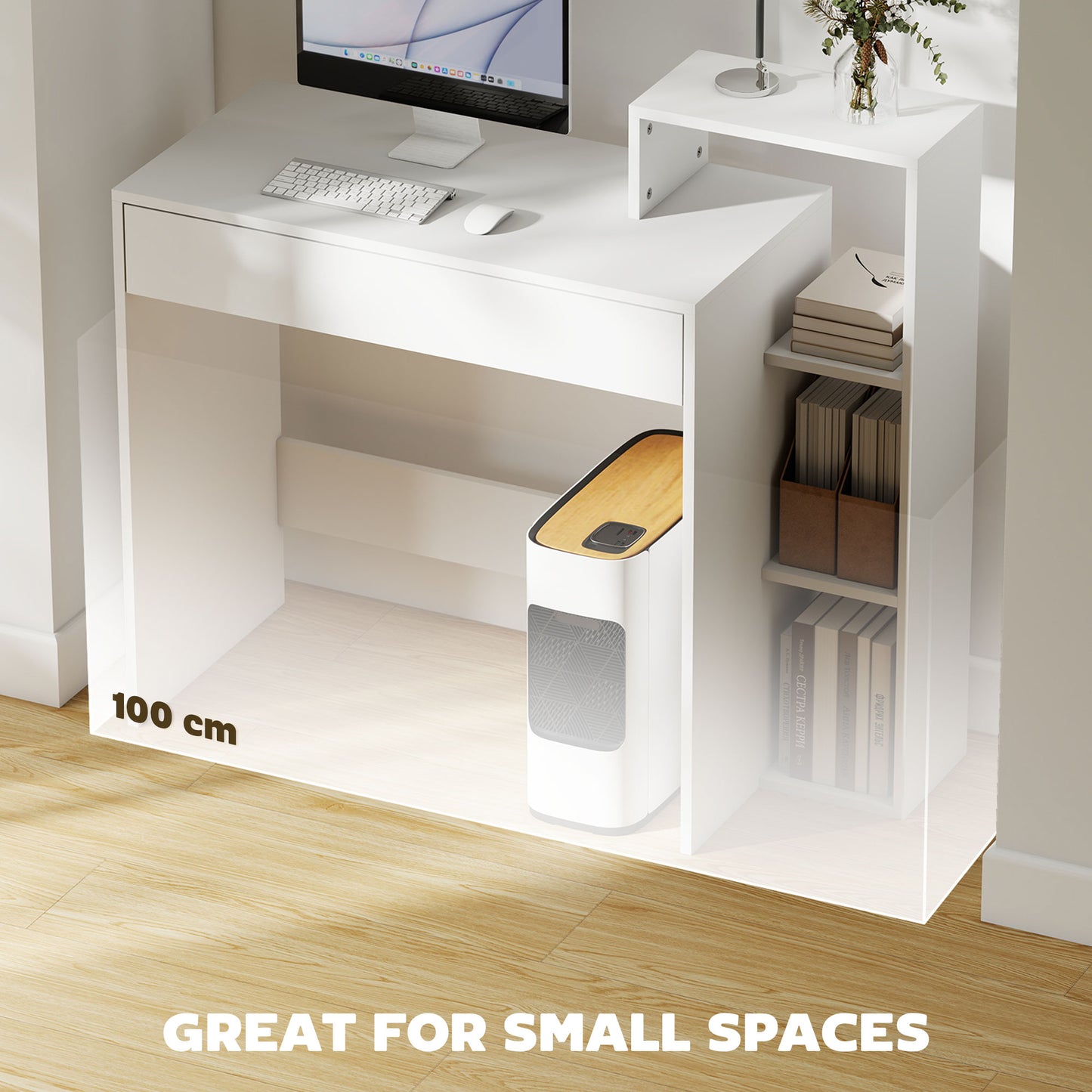 Computer Desk with 3 Open Shelves and Drawer, White