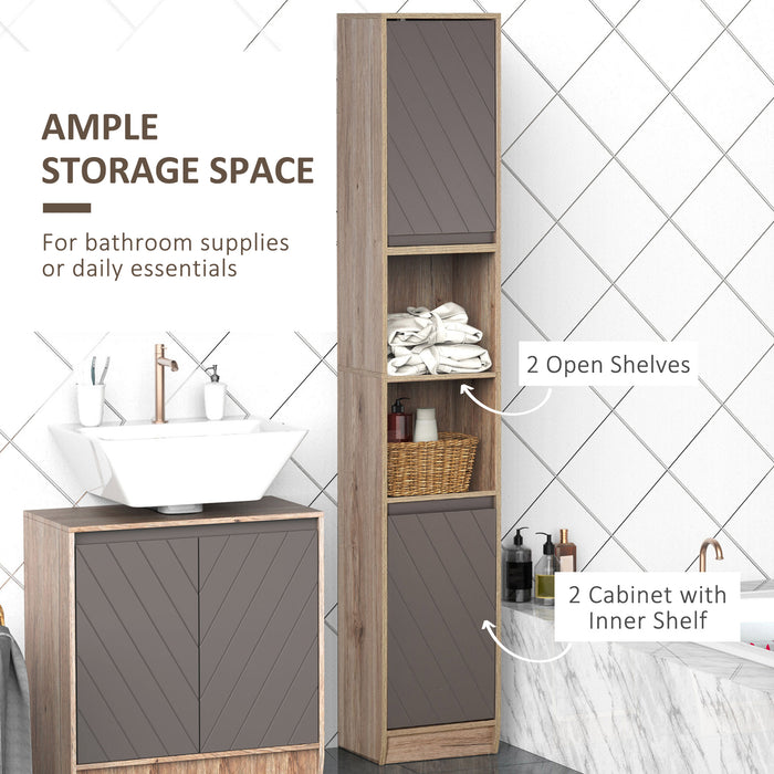 Tall Bathroom Cabinet, Freestanding Bathroom Storage Cabinet with 2 Cupboards 2 Compartments, Anti-Tipping Elevated Base, Grey and Oak Brown