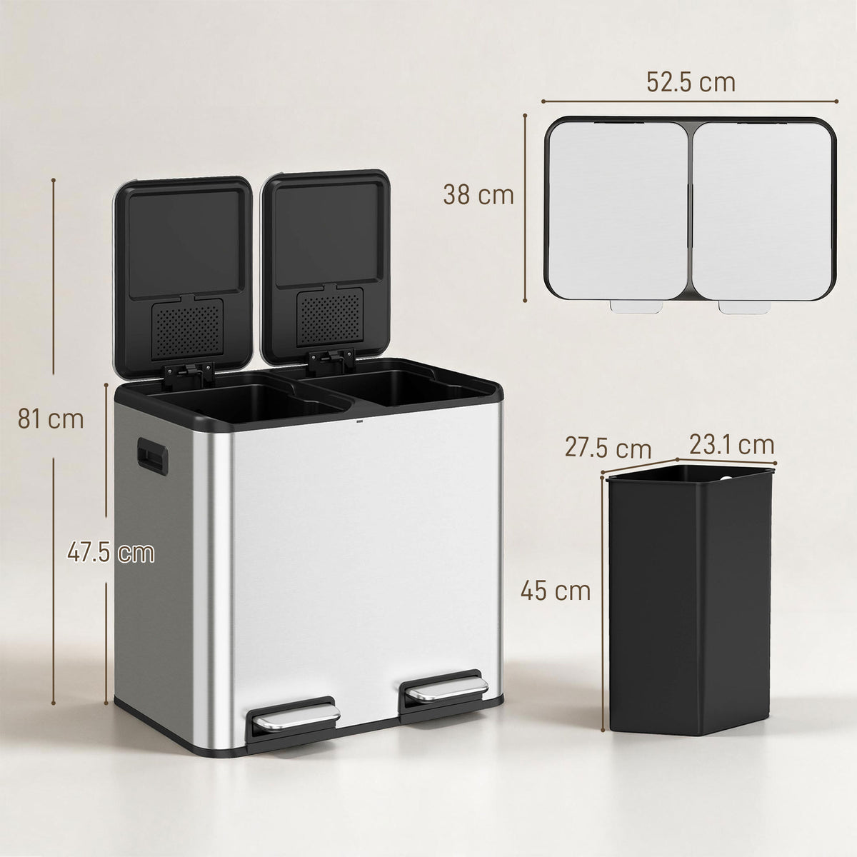 2x20L Kitchen Bin, Stainless Steel Recycling Bin, Silver Tone