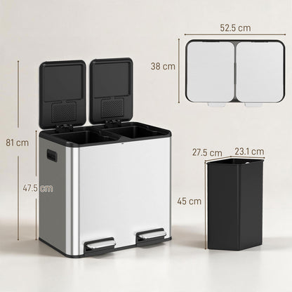 2x20L Kitchen Bin, Stainless Steel Recycling Bin, Silver Tone