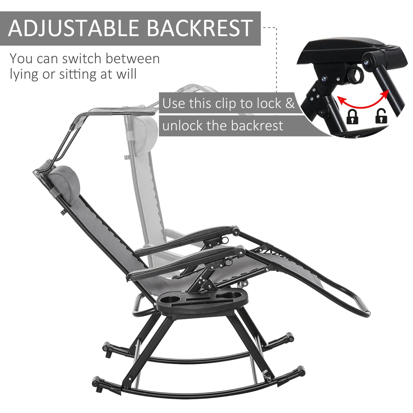 Garden Rocking Chair Folding Recliner Outdoor Adjustable Sun Lounger Rocker Zero-Gravity Seat with Headrest Side Holder Patio Deck - Grey