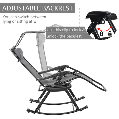 Garden Rocking Chair Folding Recliner Outdoor Adjustable Sun Lounger Rocker Zero-Gravity Seat with Headrest Side Holder Patio Deck - Grey