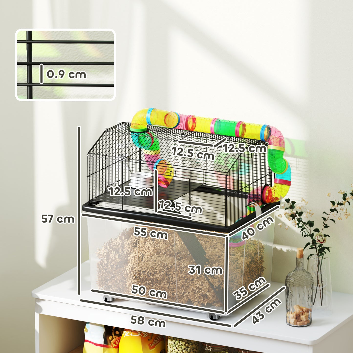 Hamster Cage with 31cm Deep Tray, Tube, 58 x 43 x 57cm