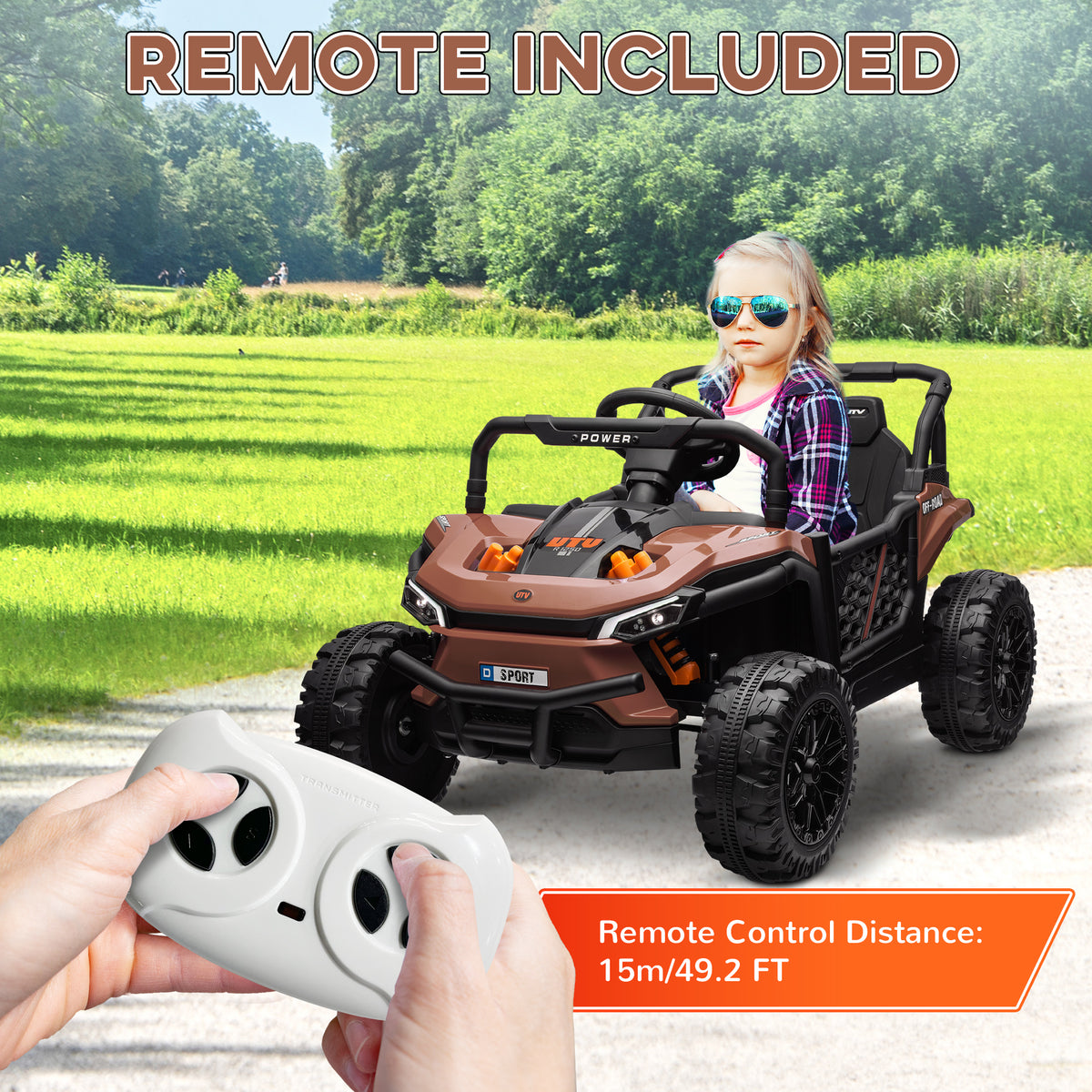 Kids Ride on Car, 12V Electric Truck w/ Horn, Lights, USB, Brown