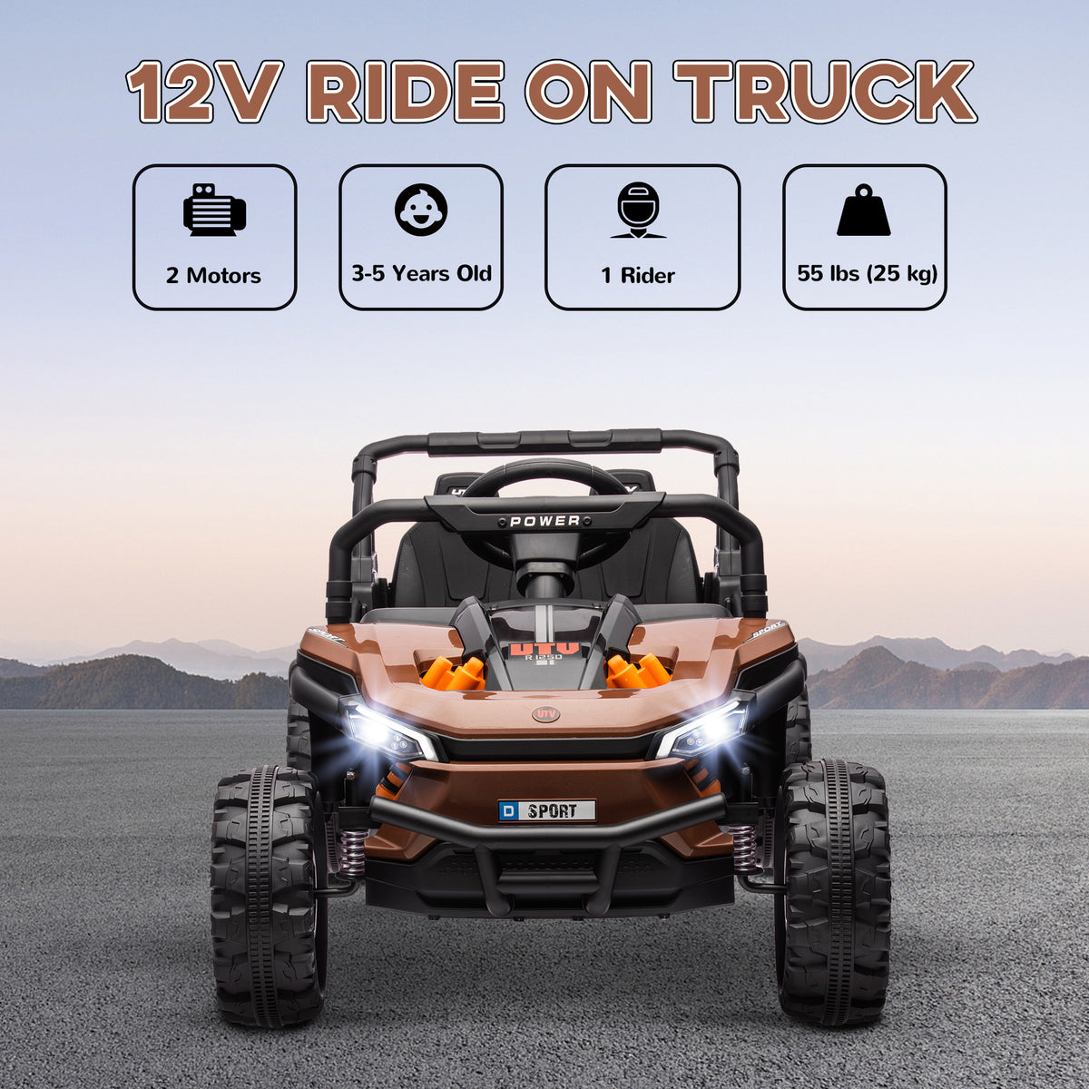 Kids Ride on Car, 12V Electric Truck w/ Horn, Lights, USB, Brown