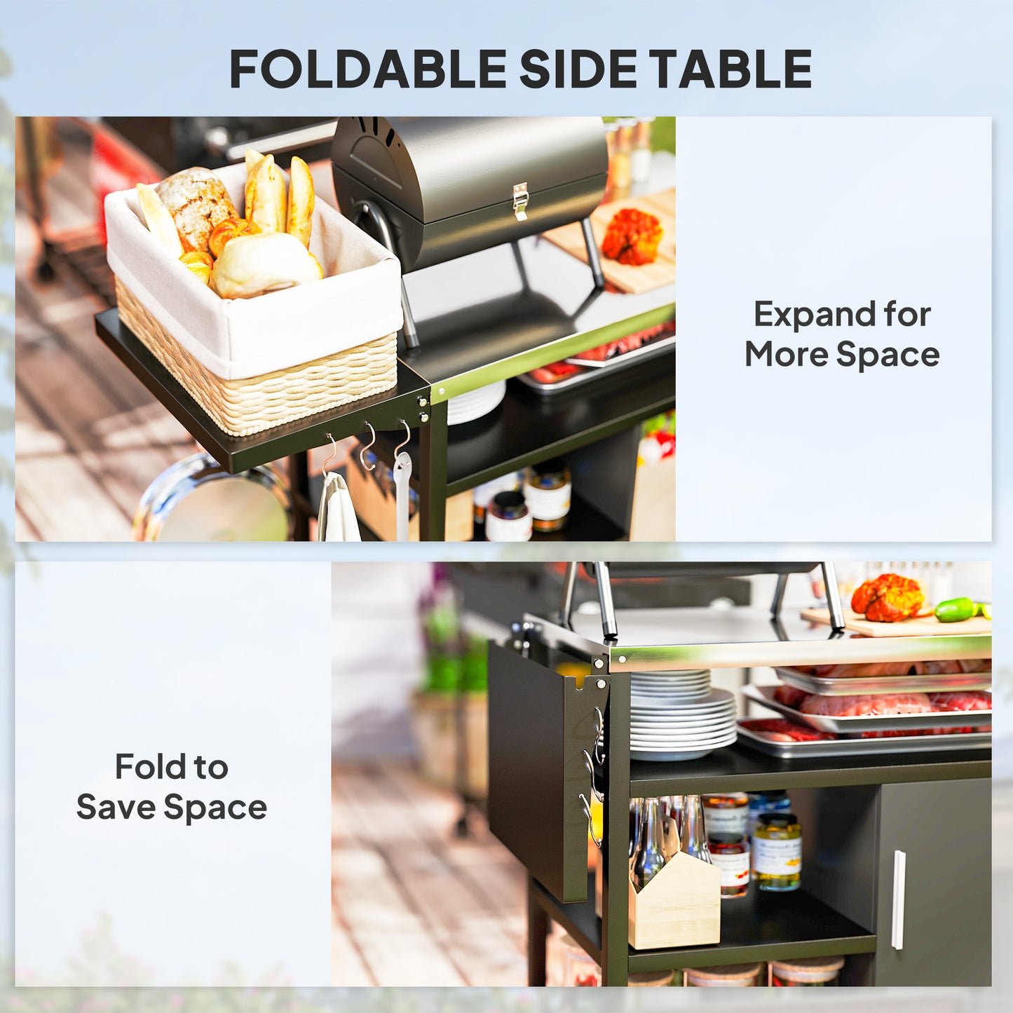 Stainless Steel Outdoor BBQ Trolley with Folding Side table, Black