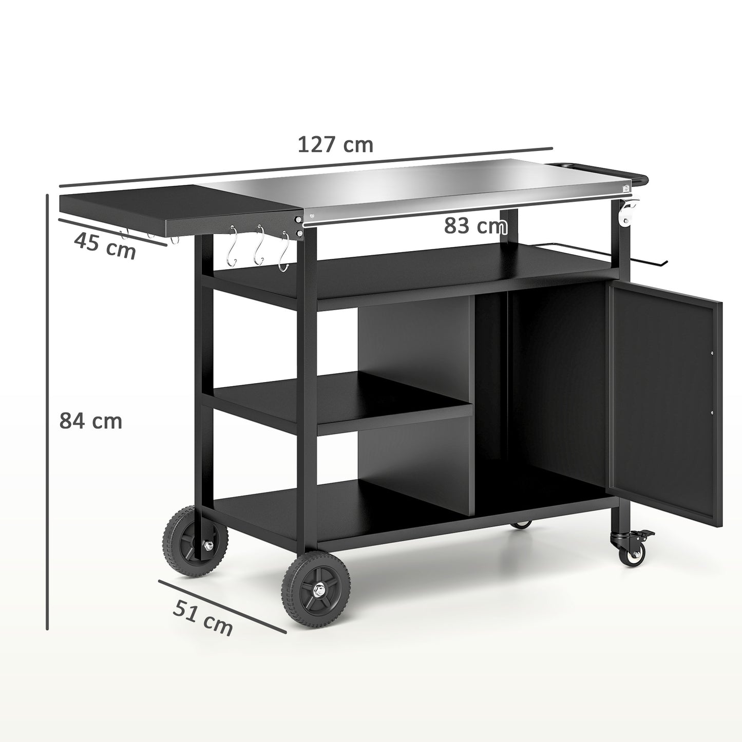 Stainless Steel Outdoor BBQ Trolley with Folding Side table, Black