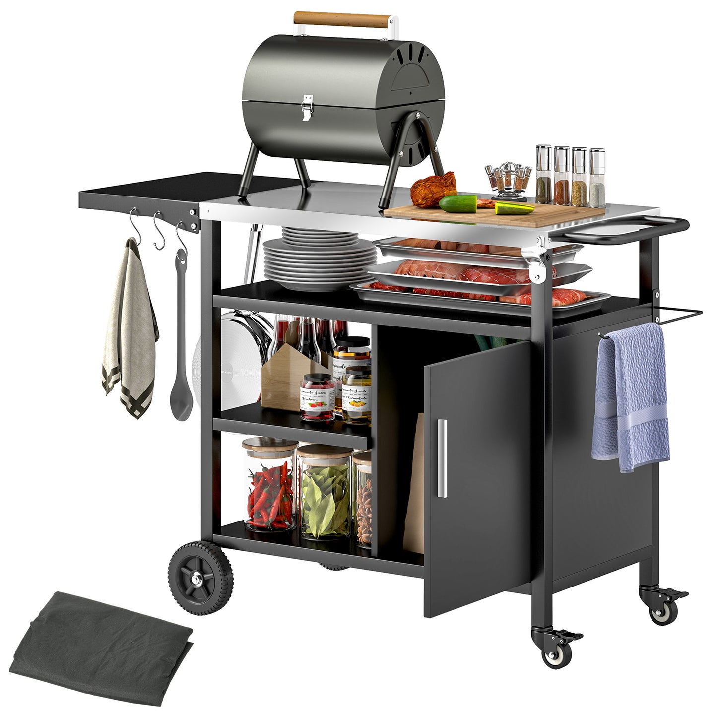 Stainless Steel Outdoor BBQ Trolley with Folding Side table, Black