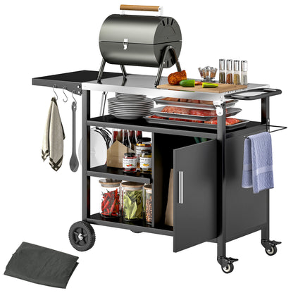 Stainless Steel Outdoor BBQ Trolley with Folding Side table, Black