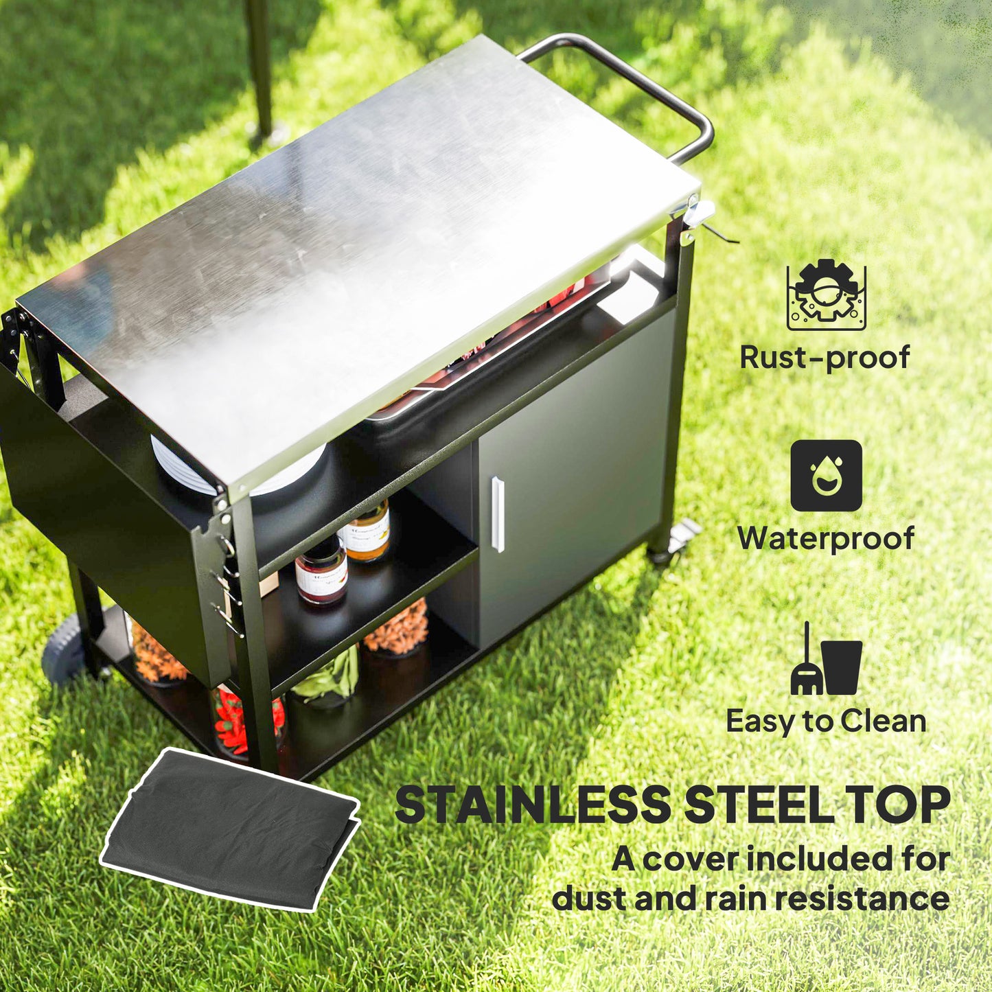 Stainless Steel Outdoor BBQ Trolley with Folding Side table, Black