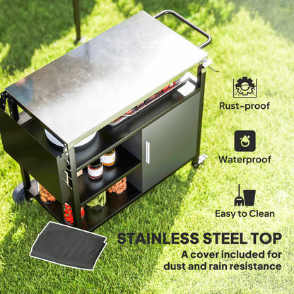 Stainless Steel Outdoor BBQ Trolley with Folding Side table, Black