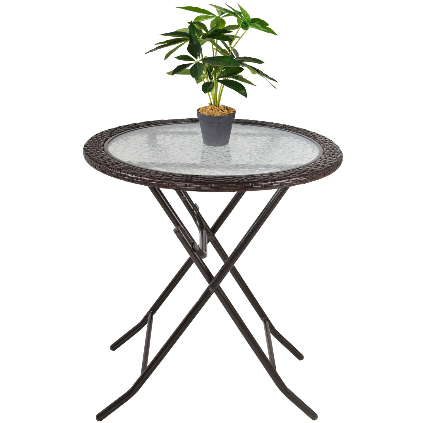 Folding Round Tempered Glass Metal Table with Brown Rattan Edging