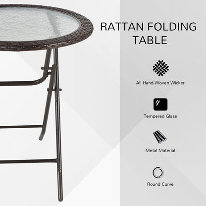 Folding Round Tempered Glass Metal Table with Brown Rattan Edging