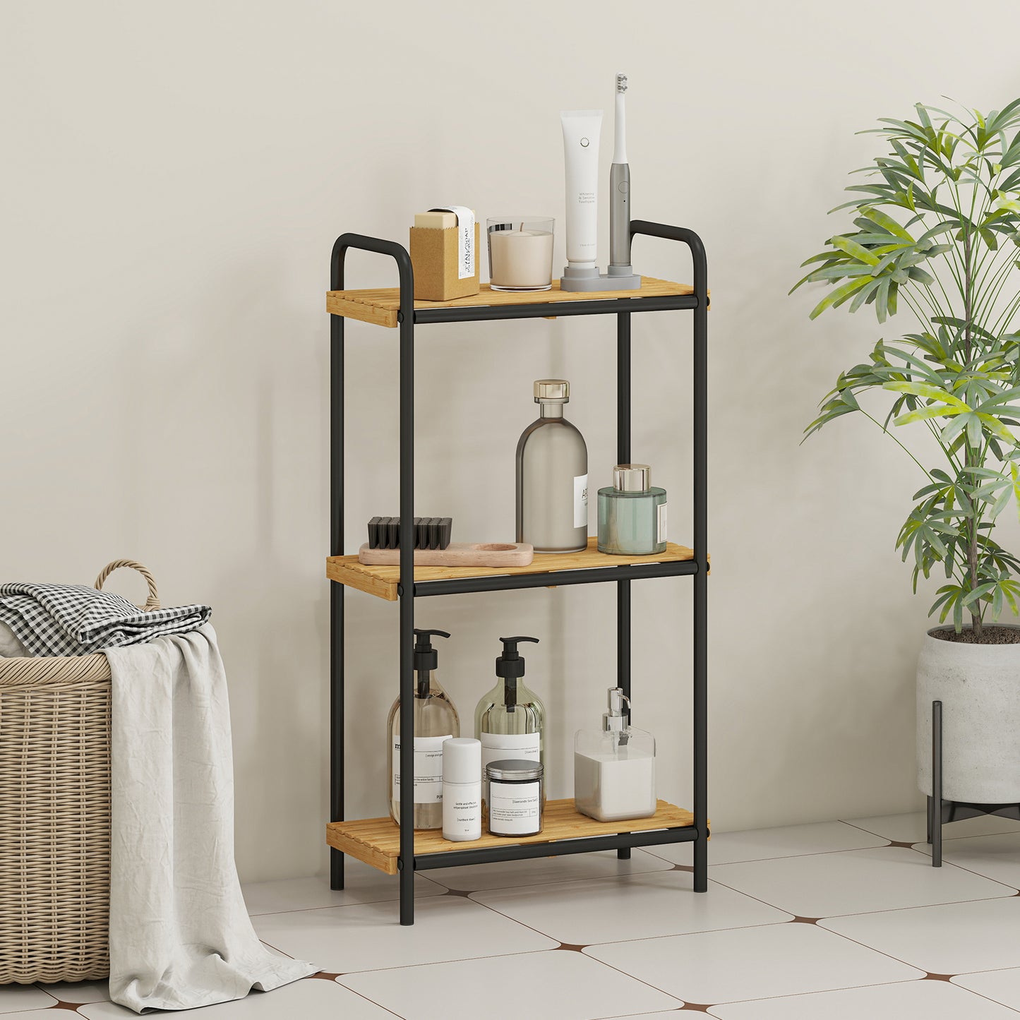 3-Tier Bamboo Bathroom Shelf, Freestanding Shelving Unit, Natural