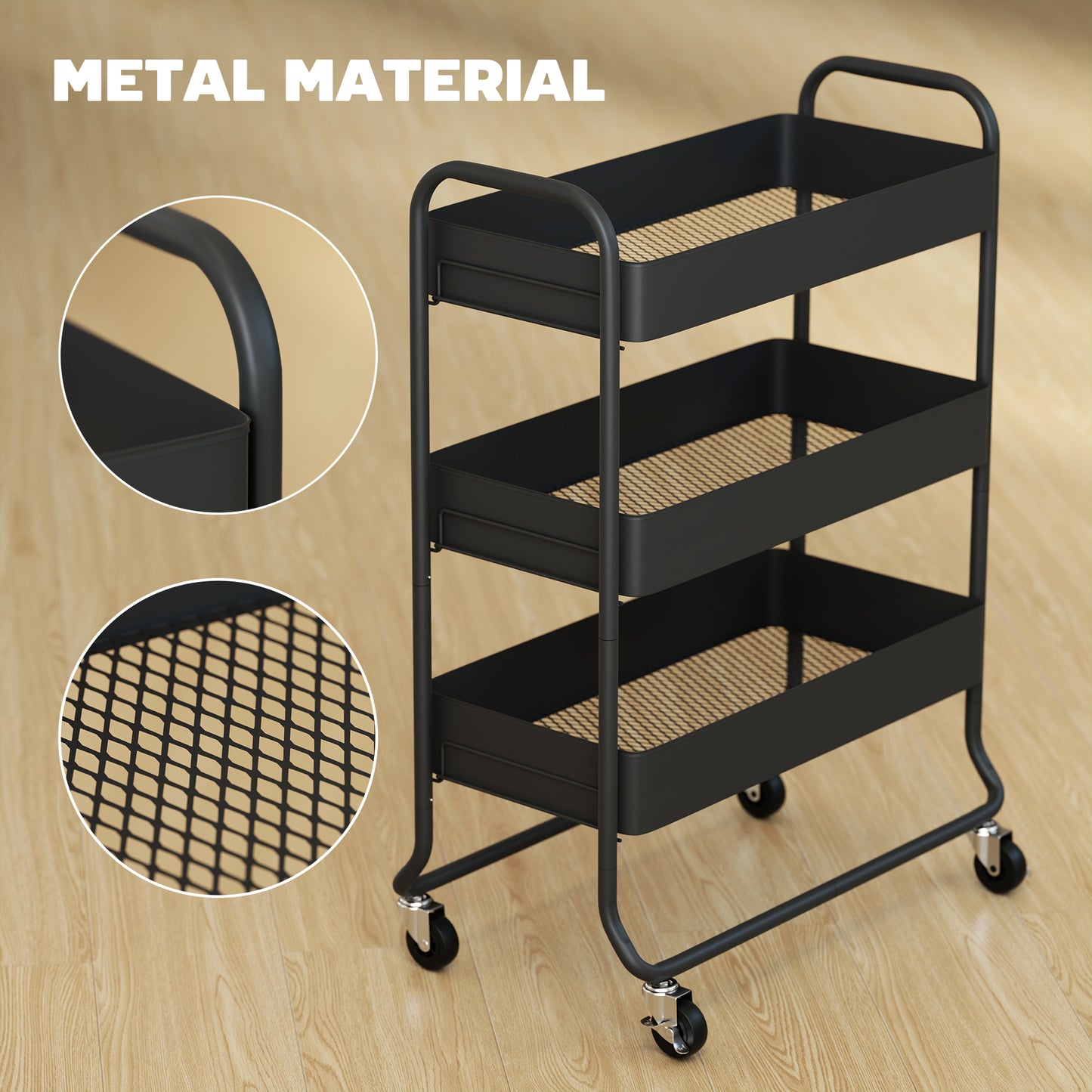 3-Tier Storage Trolley, Storage Cart with Mesh Backets, Wheels
