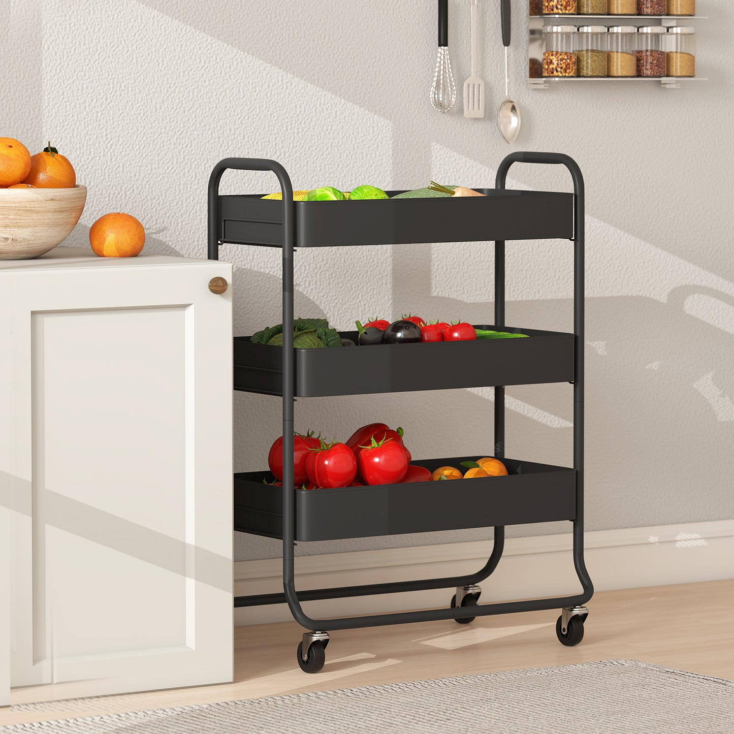 3-Tier Storage Trolley, Storage Cart with Mesh Backets, Wheels