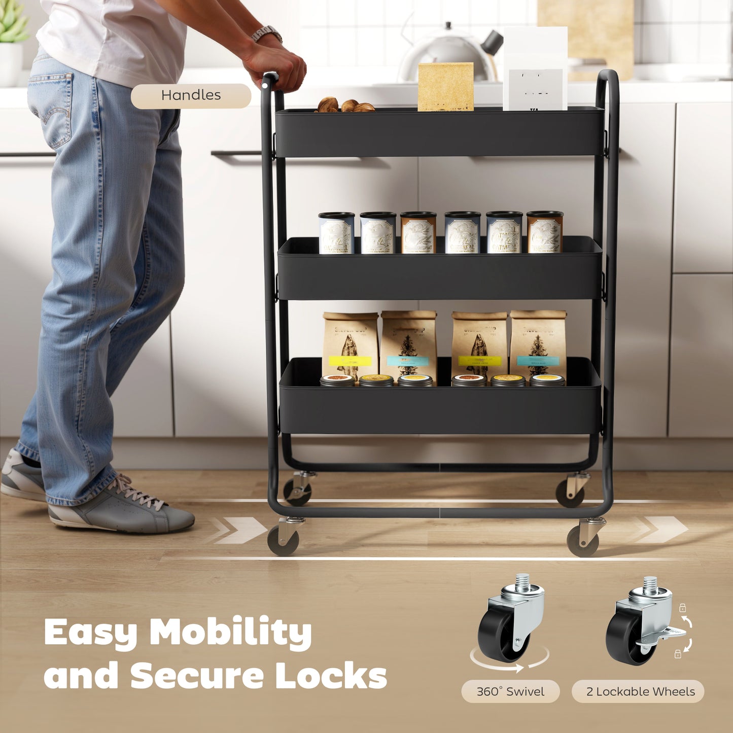 3-Tier Storage Trolley, Storage Cart with Mesh Backets, Wheels