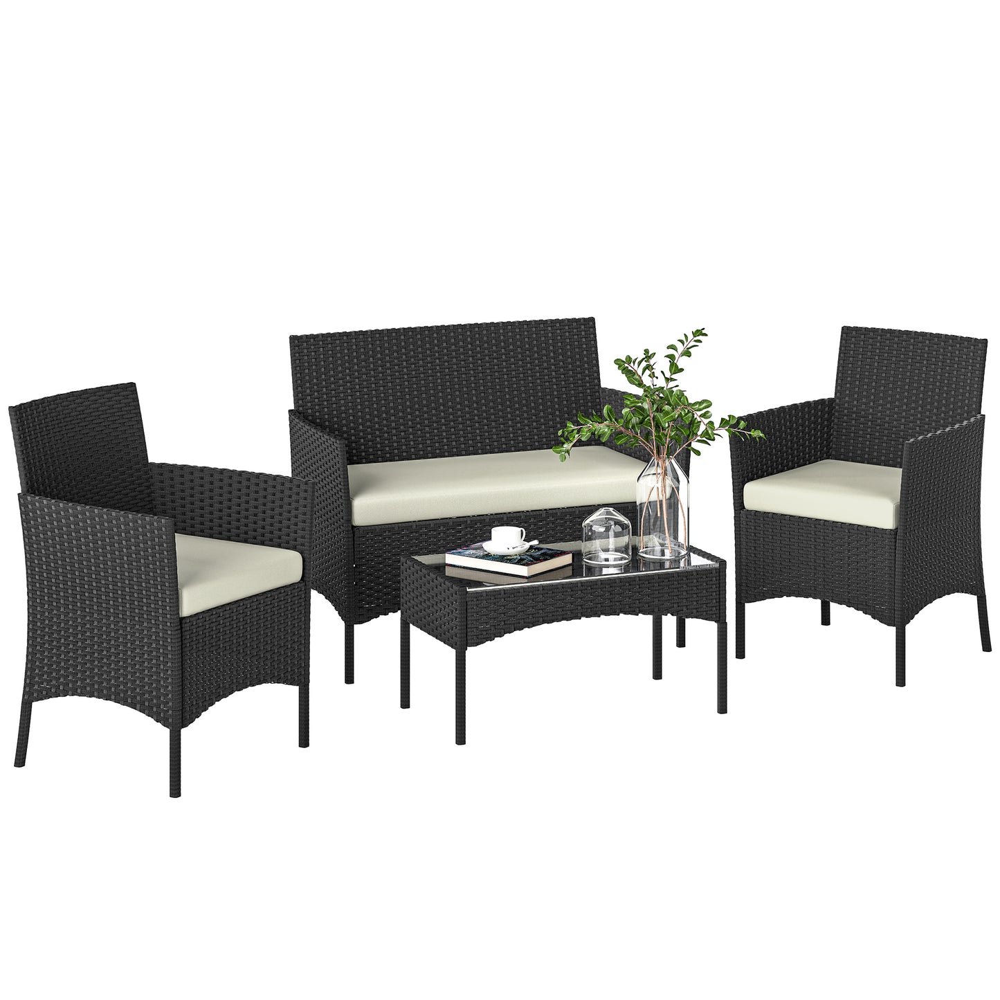 4 Piece Rattan Garden Furniture Sofa Set with Cushions, Cream White