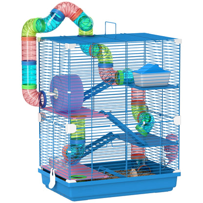 5 Tier Hamster Cage, Gerbil Cage with Tube Exercise Wheels, Tunnel, Water Bottle, Dishes, Blue, 58H x 46L x 30Wcm