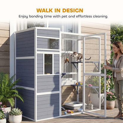 Wooden Catio with Spacious Resting Rooms, 3 Platforms, Window, Grey