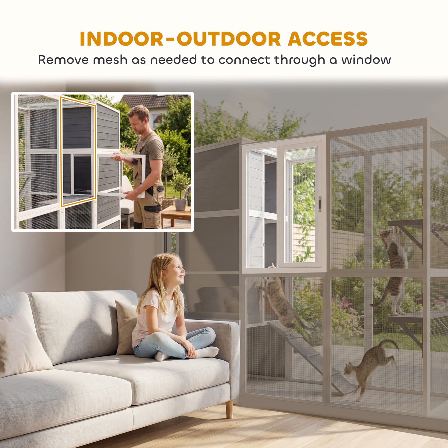 Wooden Catio with Spacious Resting Rooms, 3 Platforms, Window, Grey