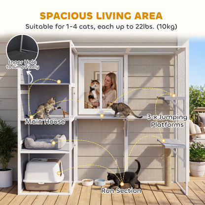 Wooden Catio with Spacious Resting Rooms, 3 Platforms, Window, Grey