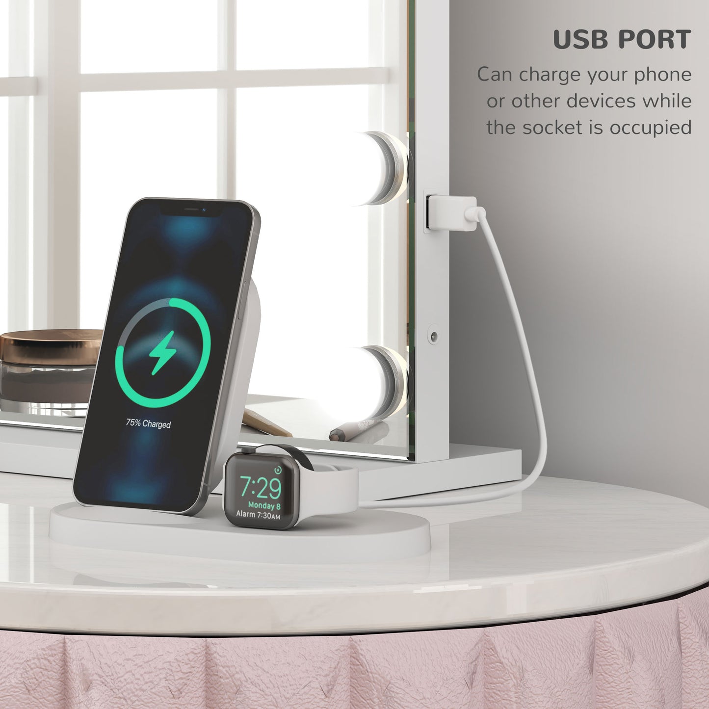 Hollywood Vanity Mirror with Lights, 10X Magnifying, USB Port, White