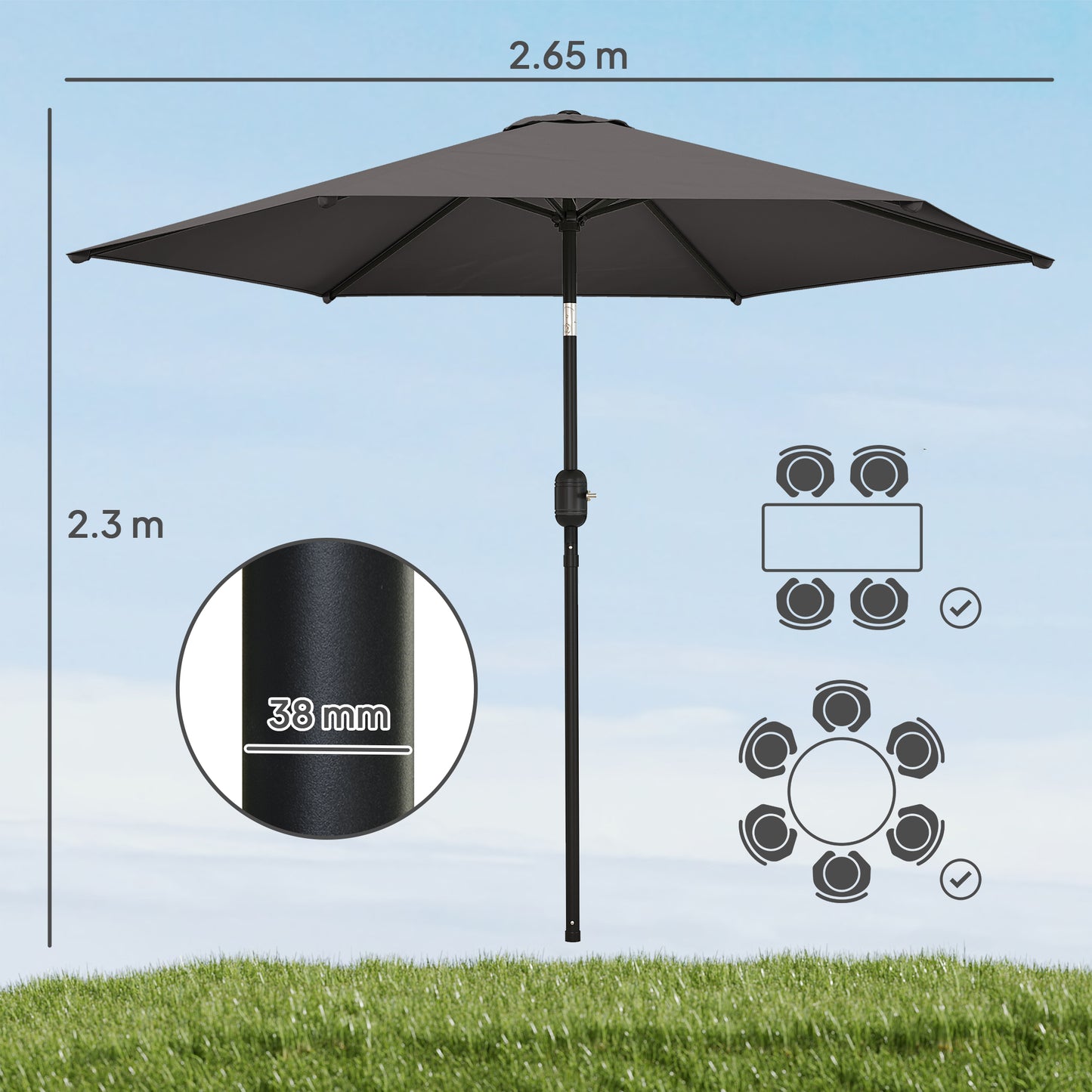 2.6M Garden Parasol Umbrella with Aluminium Pole, Tilt, Crank