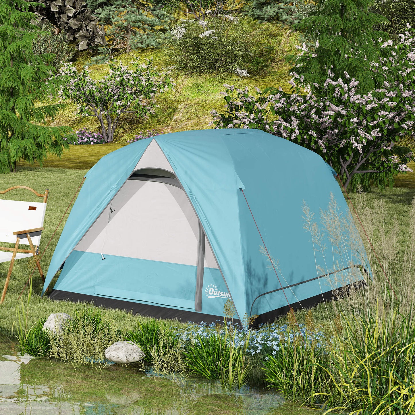 3-4 Person Camping Tent, Waterproof Tent, Navy Blue and Light Blue