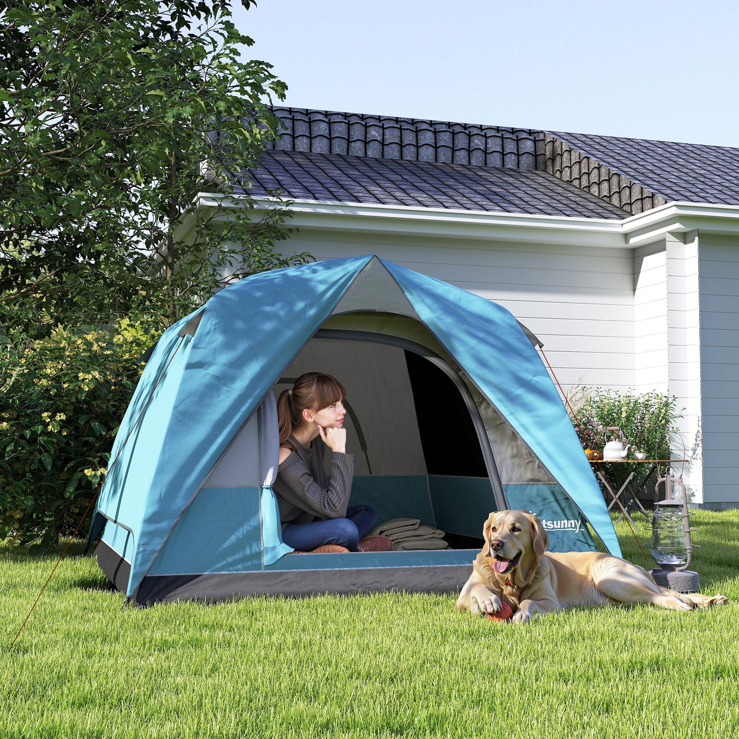 3-4 Person Camping Tent, Waterproof Tent, Navy Blue and Light Blue