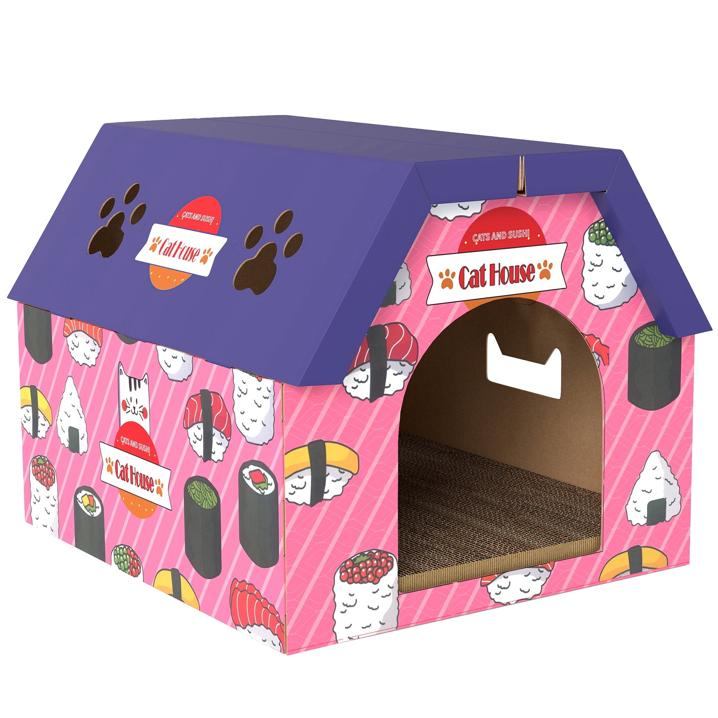 2-in-1 Cat Scratching Board House with 4 Paw-Shaped Vents, Pink